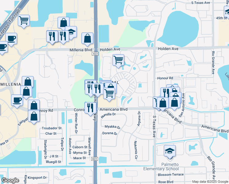 map of restaurants, bars, coffee shops, grocery stores, and more near 2429 Conroy Road in Orlando