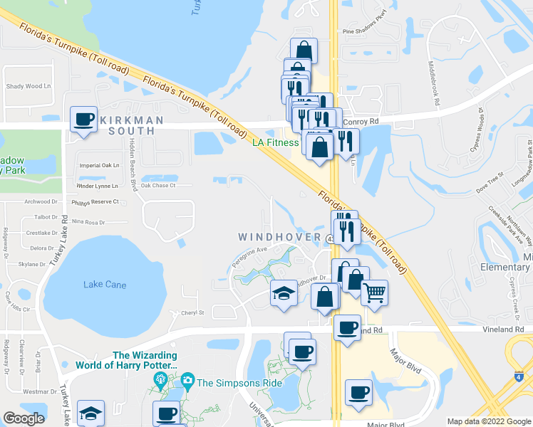 map of restaurants, bars, coffee shops, grocery stores, and more near 4956 Eaglesmere Drive in Orlando