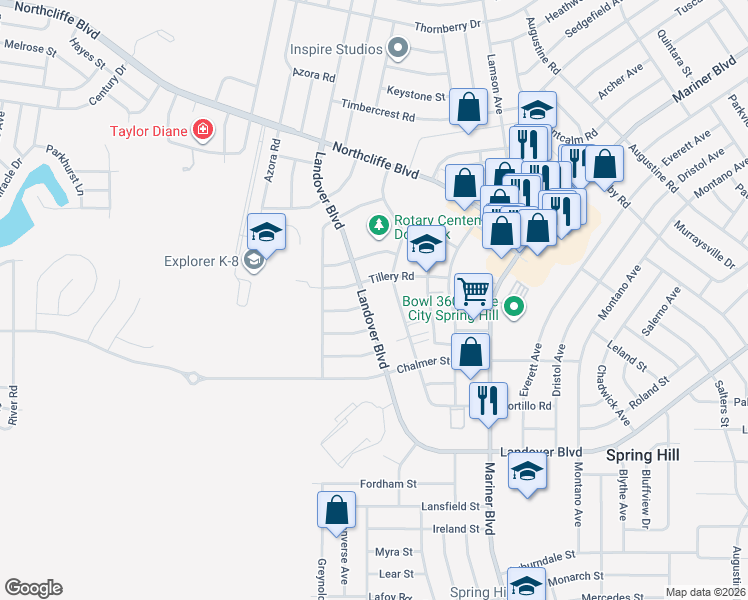 map of restaurants, bars, coffee shops, grocery stores, and more near 4095 Portillo Road in Spring Hill