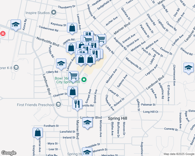 map of restaurants, bars, coffee shops, grocery stores, and more near 4056 Everett Avenue in Spring Hill