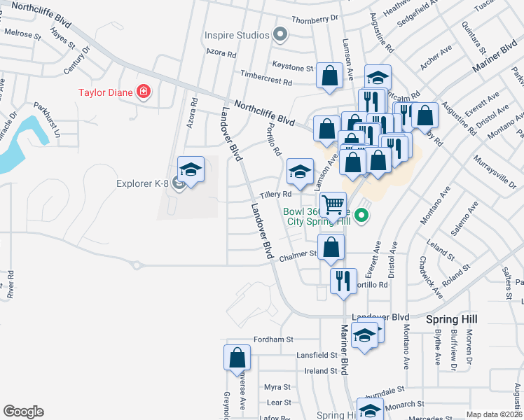 map of restaurants, bars, coffee shops, grocery stores, and more near 4095 Portillo Road in Spring Hill
