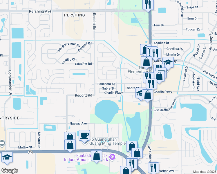 map of restaurants, bars, coffee shops, grocery stores, and more near 7501 Ranchero Street in Orlando