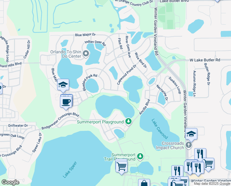 map of restaurants, bars, coffee shops, grocery stores, and more near 13910 Bluebird Park Road in Windermere