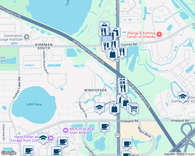 map of restaurants, bars, coffee shops, grocery stores, and more near 5067 Westwinds Drive in Orlando
