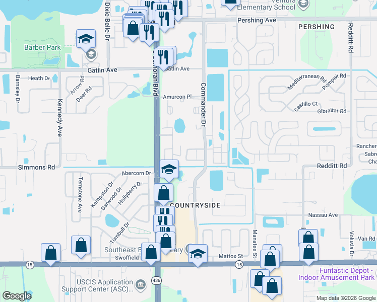 map of restaurants, bars, coffee shops, grocery stores, and more near 5747 Vista Linda Drive in Orlando
