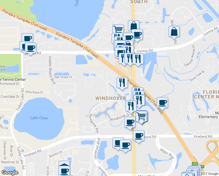 map of restaurants, bars, coffee shops, grocery stores, and more near 5067 Westwinds Drive in Orlando