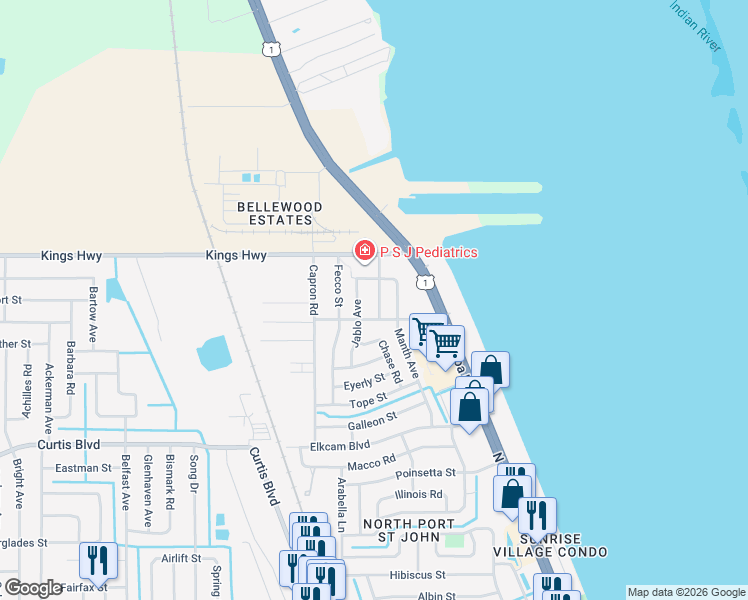 map of restaurants, bars, coffee shops, grocery stores, and more near 150 Osceola Avenue in Cocoa
