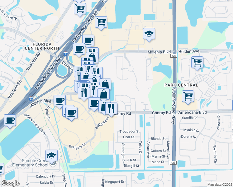 map of restaurants, bars, coffee shops, grocery stores, and more near 3757 Conroy Road in Orlando