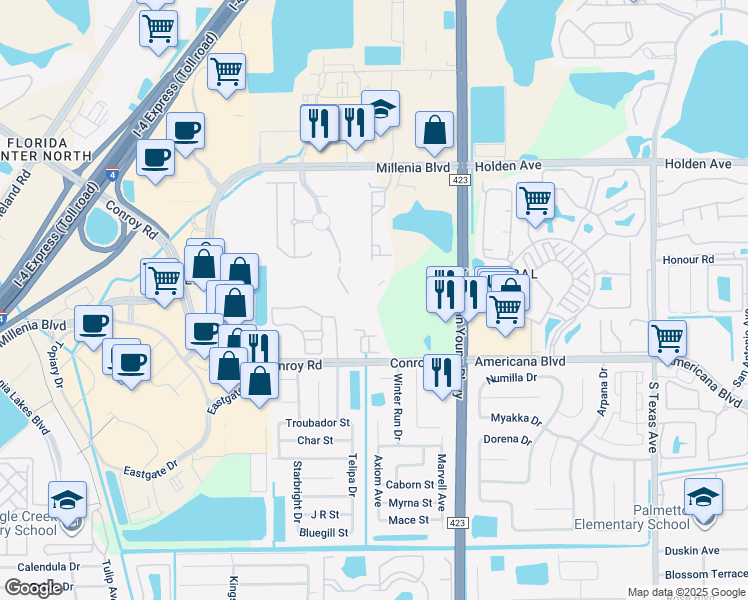 map of restaurants, bars, coffee shops, grocery stores, and more near 3605 Conroy Road in Orlando