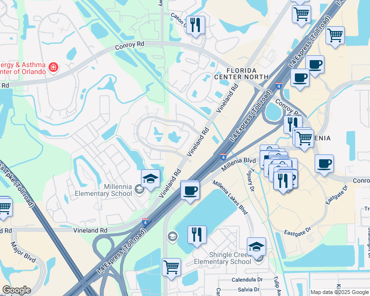 map of restaurants, bars, coffee shops, grocery stores, and more near 4756 Walden Circle in Orlando