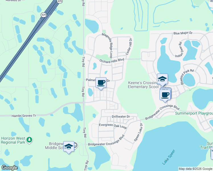 map of restaurants, bars, coffee shops, grocery stores, and more near 5687 Mangrove Cove Avenue in Winter Garden