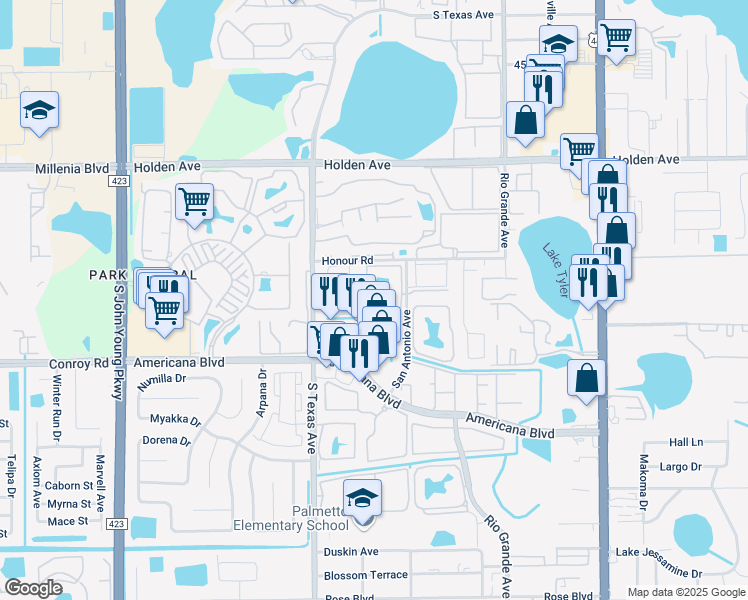 map of restaurants, bars, coffee shops, grocery stores, and more near 1940 Lake Atriums Circle in Orlando