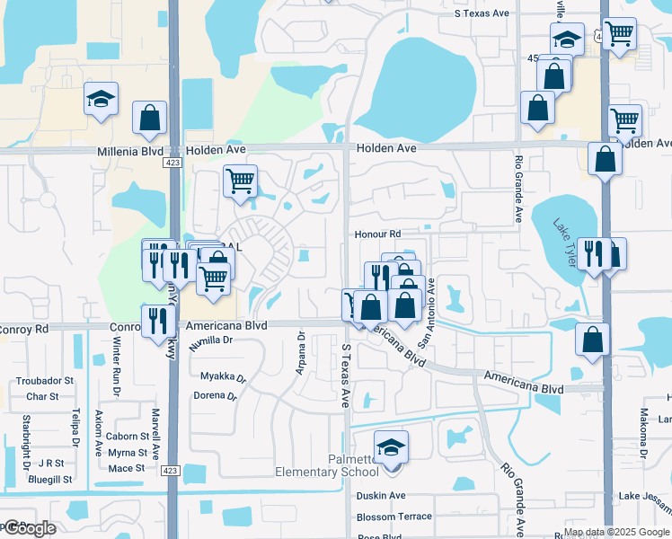 map of restaurants, bars, coffee shops, grocery stores, and more near 5048 Downing Street in Orlando