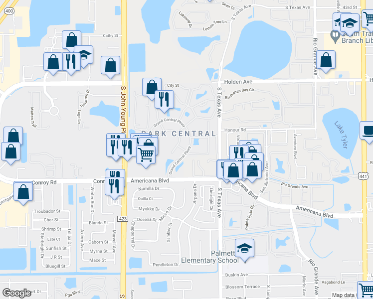 map of restaurants, bars, coffee shops, grocery stores, and more near 2352 Grand Central Parkway in Orlando