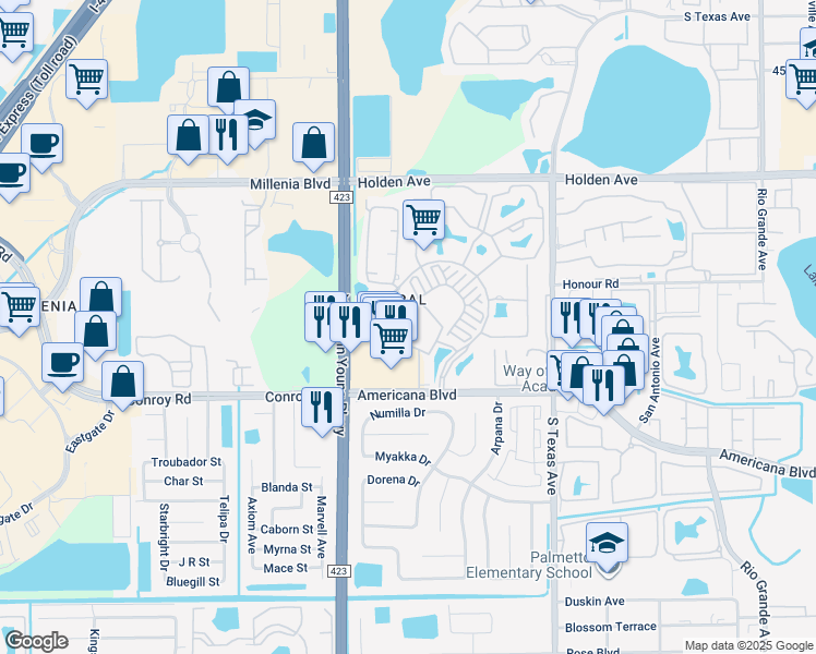 map of restaurants, bars, coffee shops, grocery stores, and more near 2429 Conroy Road in Orlando