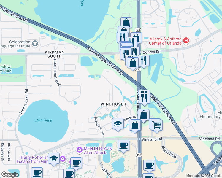 map of restaurants, bars, coffee shops, grocery stores, and more near 5056 Ernst Court in Orlando