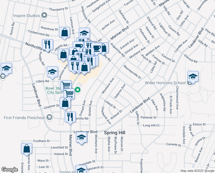 map of restaurants, bars, coffee shops, grocery stores, and more near Montano Avenue in Spring Hill