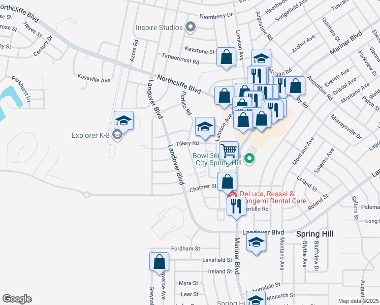 map of restaurants, bars, coffee shops, grocery stores, and more near 4024 Portillo Road in Spring Hill