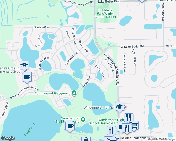 map of restaurants, bars, coffee shops, grocery stores, and more near 5306 Kumquat Loop in Windermere