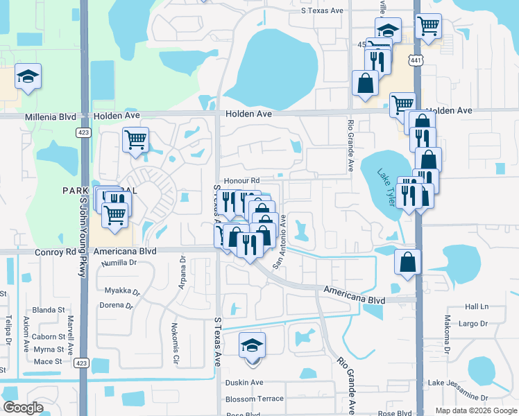 map of restaurants, bars, coffee shops, grocery stores, and more near 1940 Lake Atriums Circle in Orlando