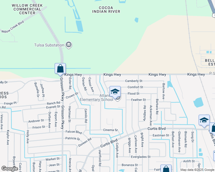 map of restaurants, bars, coffee shops, grocery stores, and more near 4685 Camberly Street in Cocoa