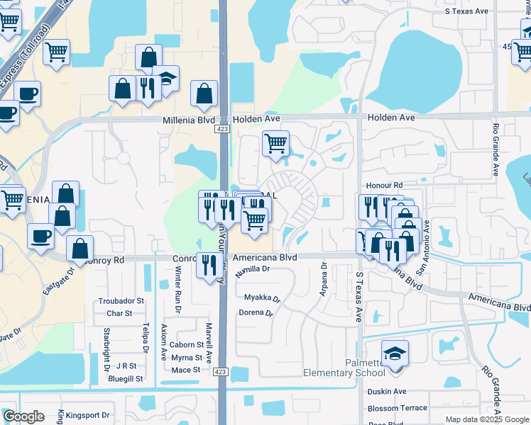 map of restaurants, bars, coffee shops, grocery stores, and more near 2429 Conroy Road in Orlando