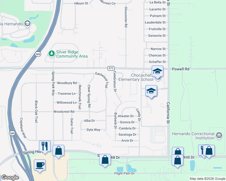 map of restaurants, bars, coffee shops, grocery stores, and more near 3615 Celebration Drive in Brooksville