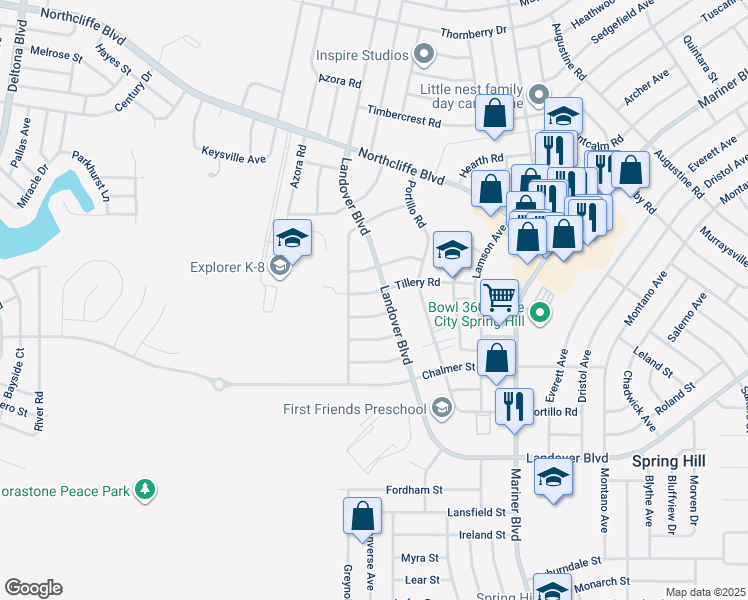 map of restaurants, bars, coffee shops, grocery stores, and more near 10340 Tillery Road in Spring Hill