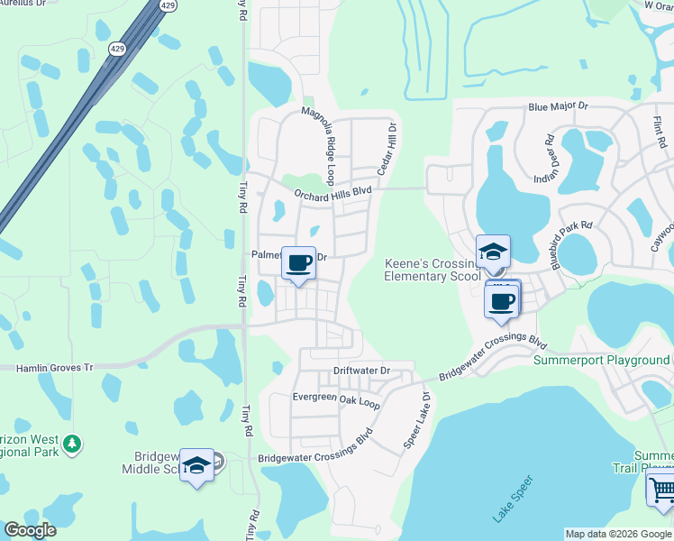 map of restaurants, bars, coffee shops, grocery stores, and more near 5007 Palmetto Park Drive in Winter Garden