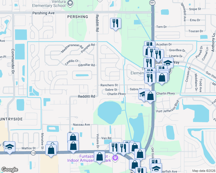 map of restaurants, bars, coffee shops, grocery stores, and more near 7473 Ranchero Street in Orlando