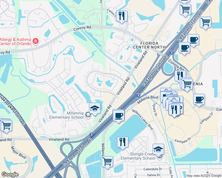 map of restaurants, bars, coffee shops, grocery stores, and more near 4756 Walden Circle in Orlando