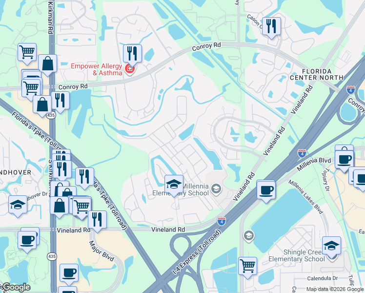 map of restaurants, bars, coffee shops, grocery stores, and more near 4905 Maple Park Street in Orlando
