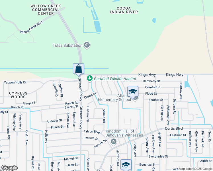 map of restaurants, bars, coffee shops, grocery stores, and more near 7448 Camio Avenue in Cocoa