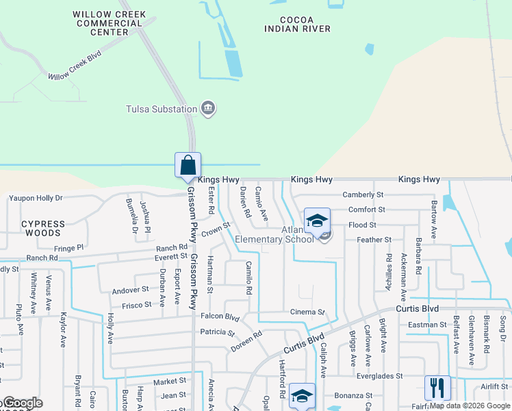map of restaurants, bars, coffee shops, grocery stores, and more near 7448 Camio Avenue in Cocoa