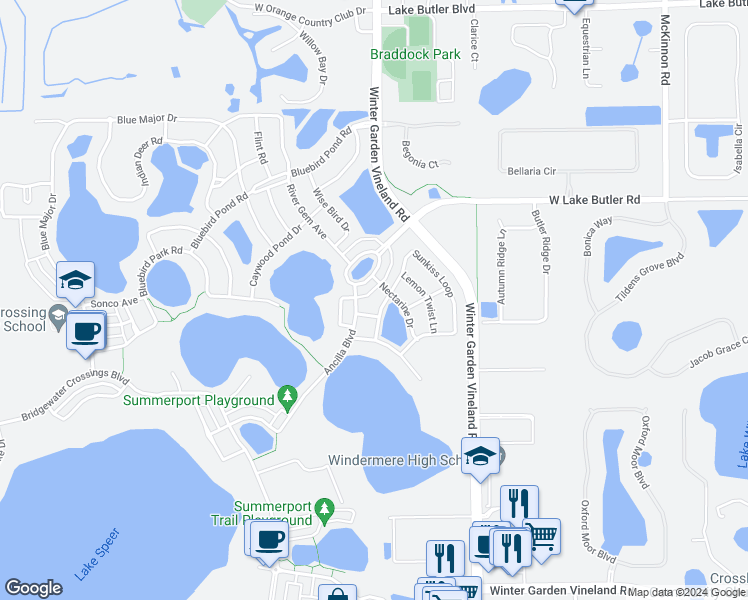 map of restaurants, bars, coffee shops, grocery stores, and more near 13068 Sunkiss Loop in Windermere