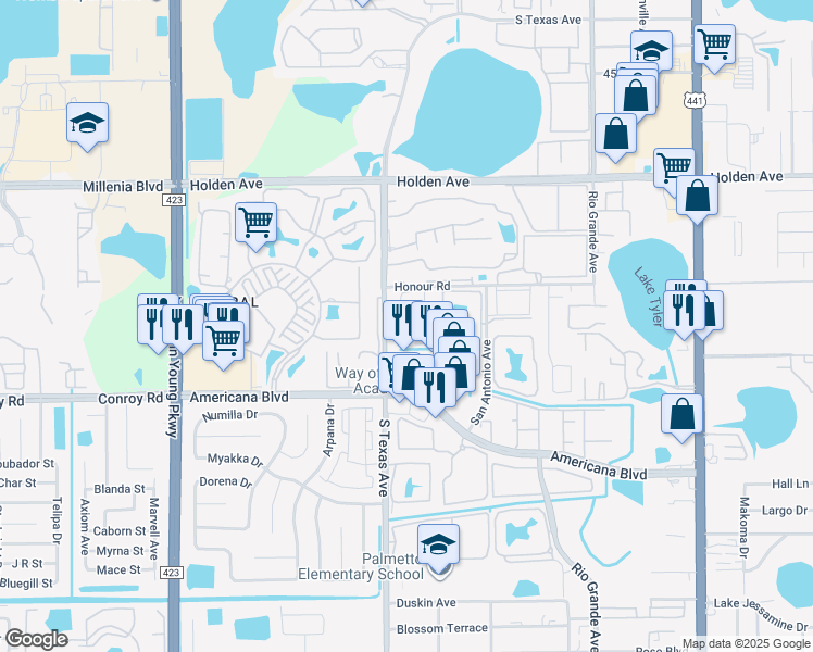 map of restaurants, bars, coffee shops, grocery stores, and more near 5212 Vía Alizar in Orlando