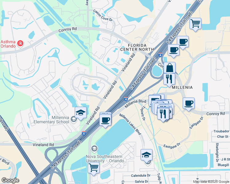 map of restaurants, bars, coffee shops, grocery stores, and more near 4891 Vineland Road in Orlando