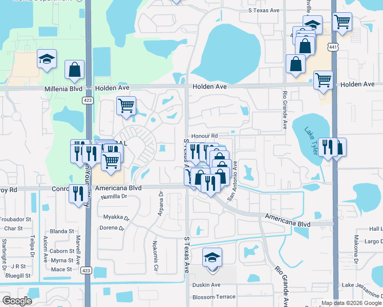 map of restaurants, bars, coffee shops, grocery stores, and more near 5048 Downing Street in Orlando