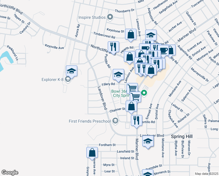 map of restaurants, bars, coffee shops, grocery stores, and more near 4095 Portillo Road in Spring Hill