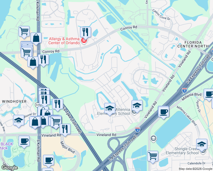 map of restaurants, bars, coffee shops, grocery stores, and more near 4858 Millennia Park Drive in Orlando