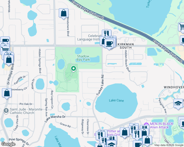 map of restaurants, bars, coffee shops, grocery stores, and more near 7040 Archwood Dr in Orlando