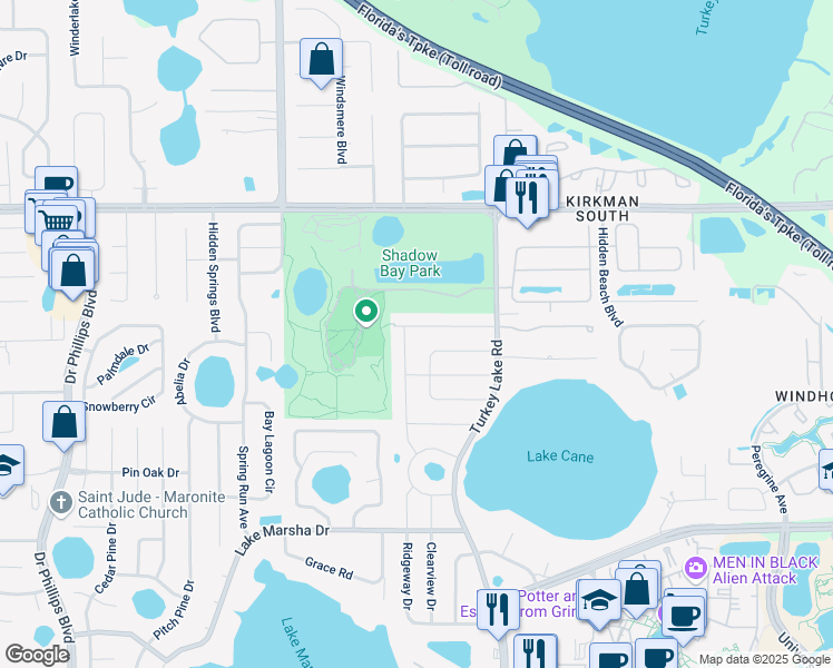 map of restaurants, bars, coffee shops, grocery stores, and more near 7062 Archwood Drive in Orlando