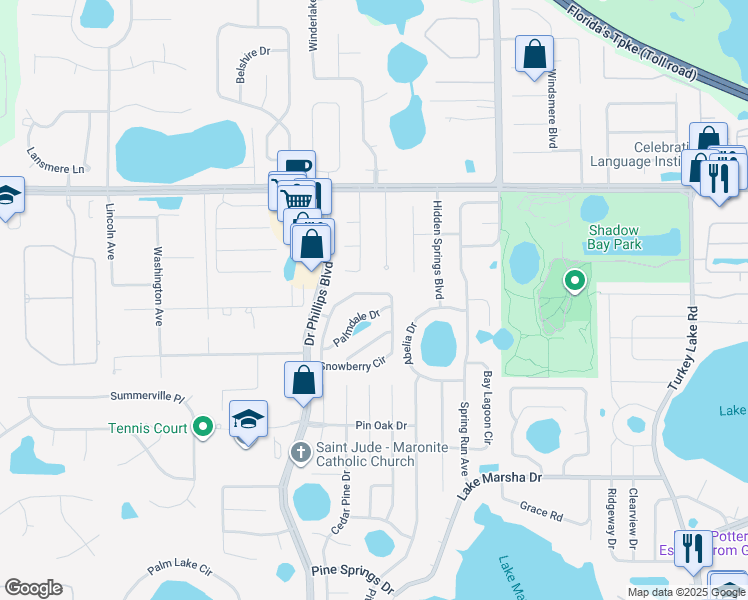 map of restaurants, bars, coffee shops, grocery stores, and more near 7845 Snowberry Circle in Orlando
