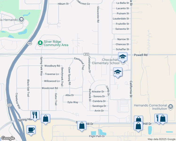 map of restaurants, bars, coffee shops, grocery stores, and more near 3632 Celebration Drive in Brooksville
