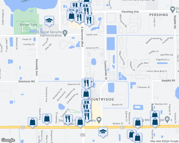 map of restaurants, bars, coffee shops, grocery stores, and more near 5183 La Mancha Court in Orlando