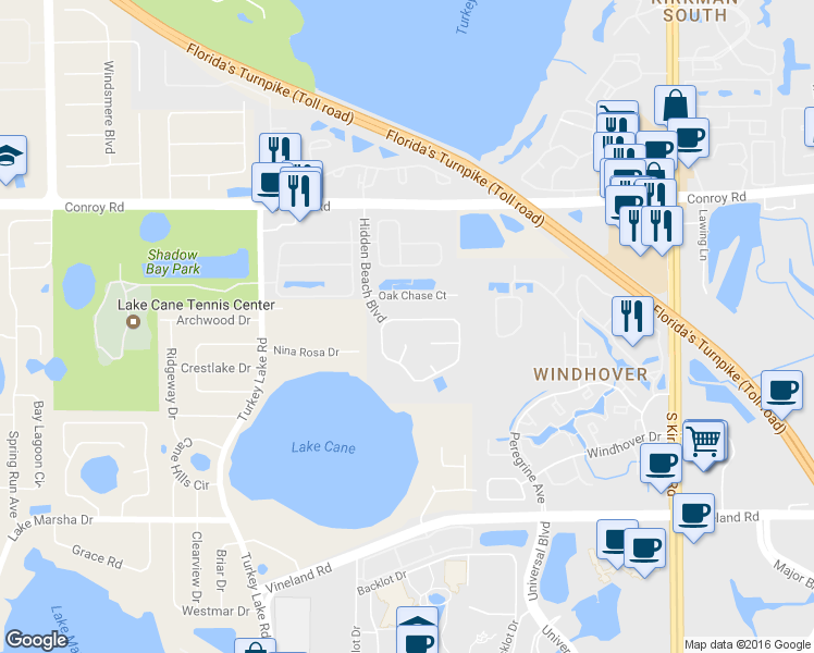 map of restaurants, bars, coffee shops, grocery stores, and more near 6514 Hidden Beach Circle in Orlando