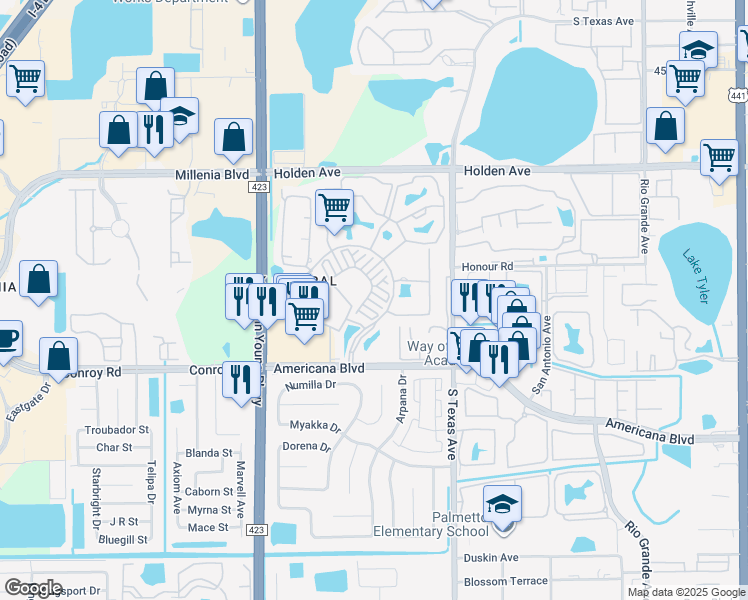 map of restaurants, bars, coffee shops, grocery stores, and more near 2352 Grand Central Parkway in Orlando