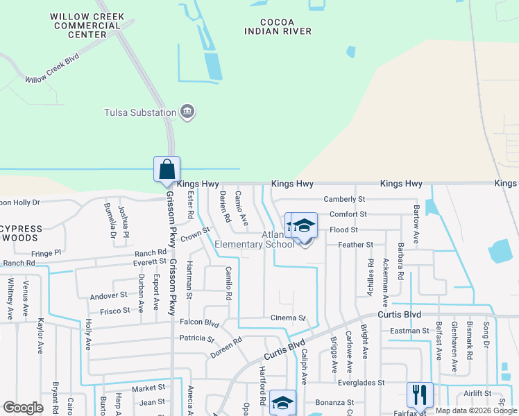 map of restaurants, bars, coffee shops, grocery stores, and more near 7411 Carillon Avenue in Cocoa