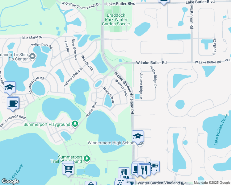 map of restaurants, bars, coffee shops, grocery stores, and more near 5248 Lemon Twist Lane in Windermere