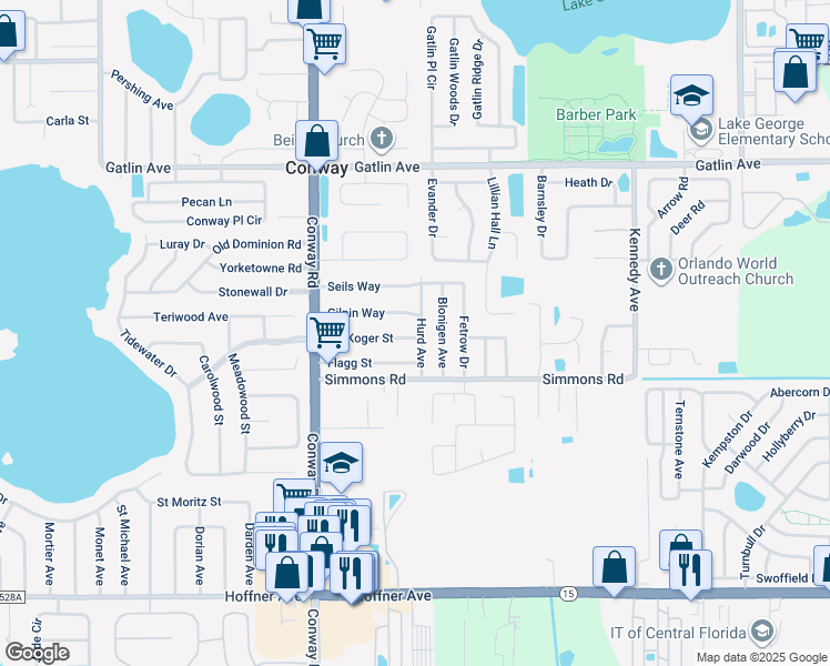 map of restaurants, bars, coffee shops, grocery stores, and more near 4545 Koger Street in Orlando